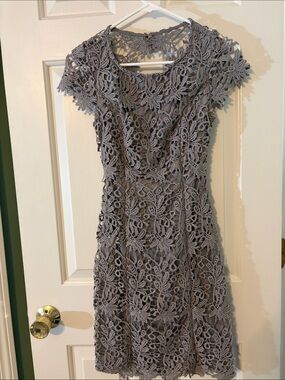 Lace Overlay Cap-Sleeve Mini Dress in Gray